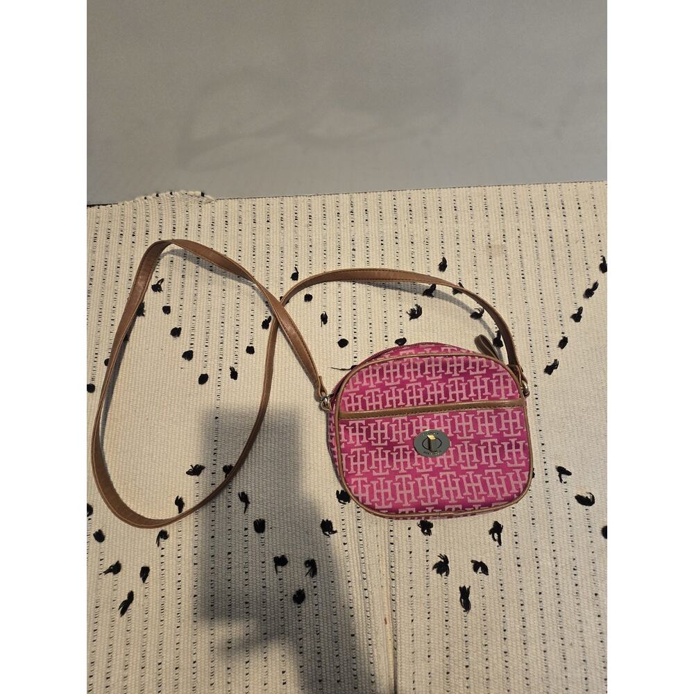 TOMMY HILFIGER SIGNATURE TH LOGO PRINT PINK JACQUARD CANTEEN CROSSBODY PURSE Y2K - Picture 3 of 9